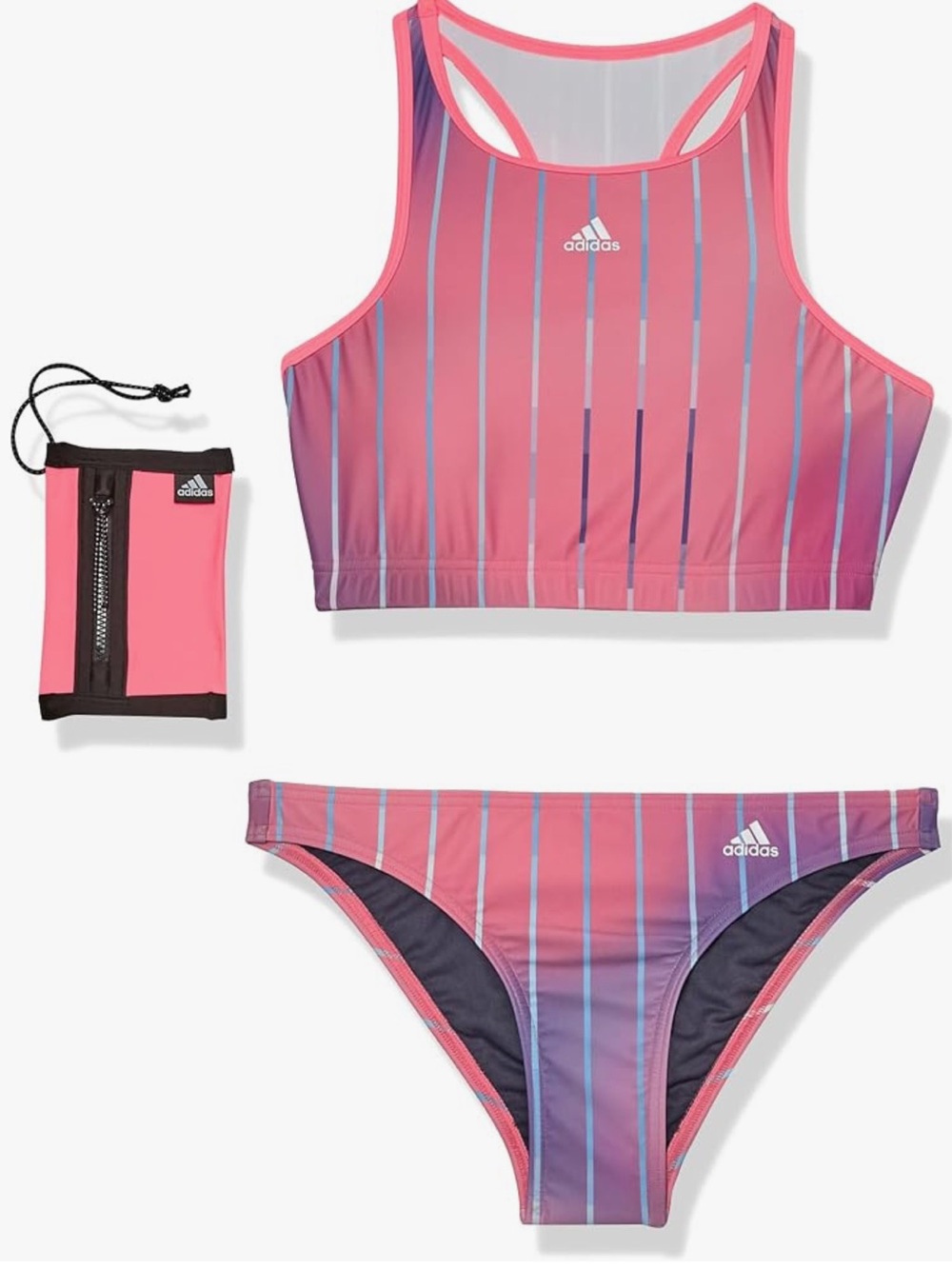 Adidas Melbourne Pink and Purple Striped Two-Piece Swim Set bikini L